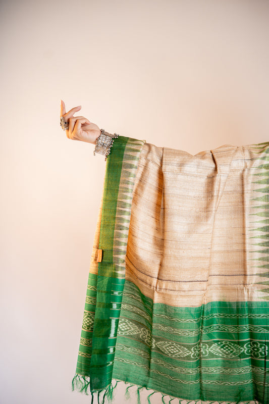 Rich Emerald Green mixed with a Natural Beige Tussar Silk Dupatta