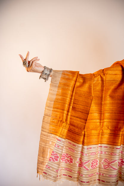 Natural Muted Khaki/Beige with Ochre Gold Tussar Silk Dupatta