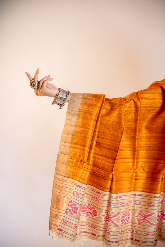 Natural Muted Khaki/Beige with Ochre Gold Tussar Silk Dupatta