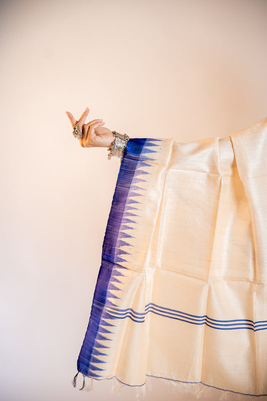 Natural Ivory with Indigo Tussar Silk Dupatta