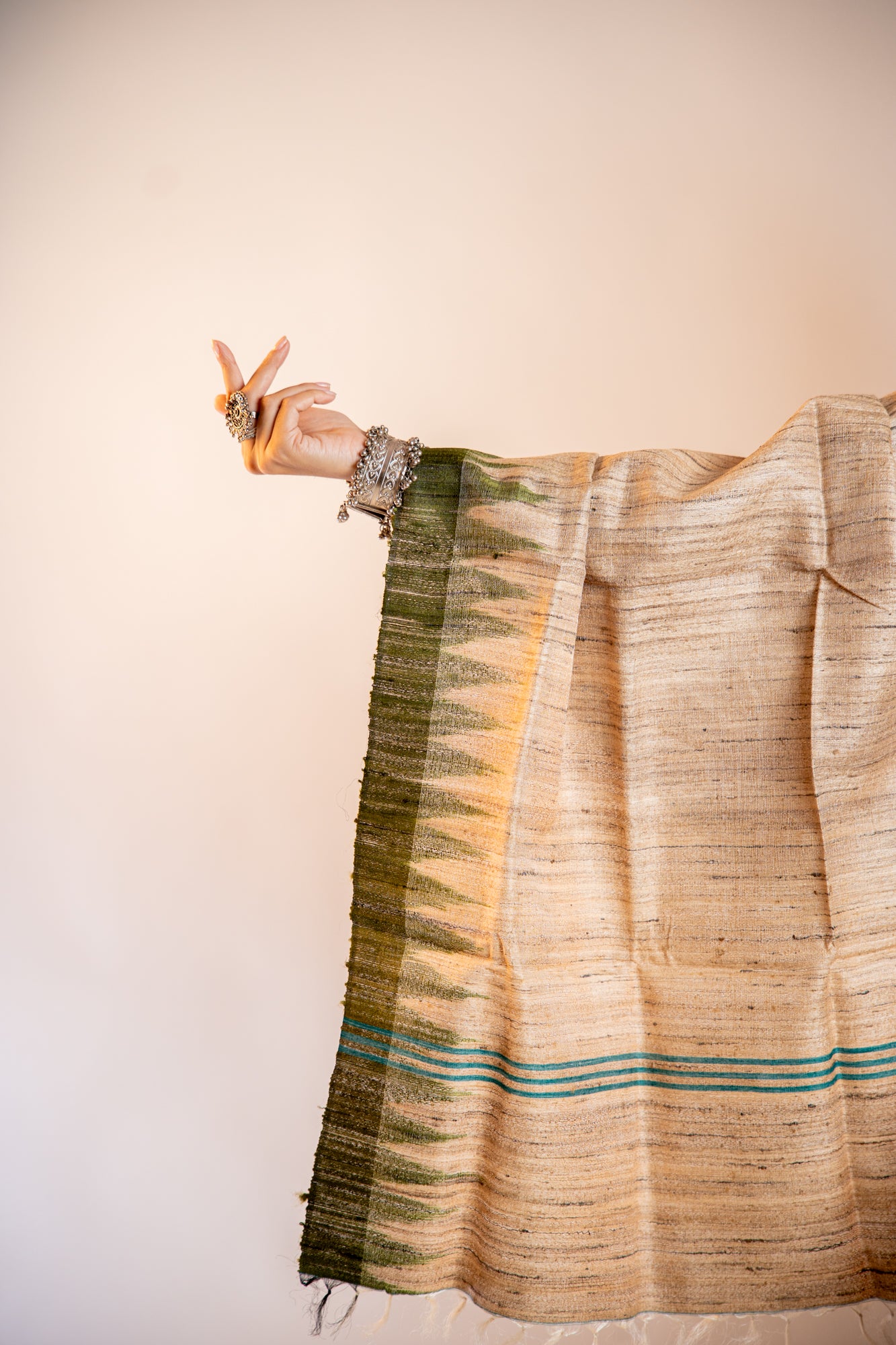 Muted Brown with Deep Moss Green and Teal-blue Tussar Silk Dupatta