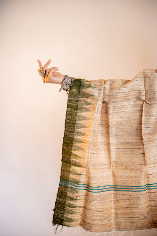 Muted Brown with Deep Moss Green and Teal-blue Tussar Silk Dupatta