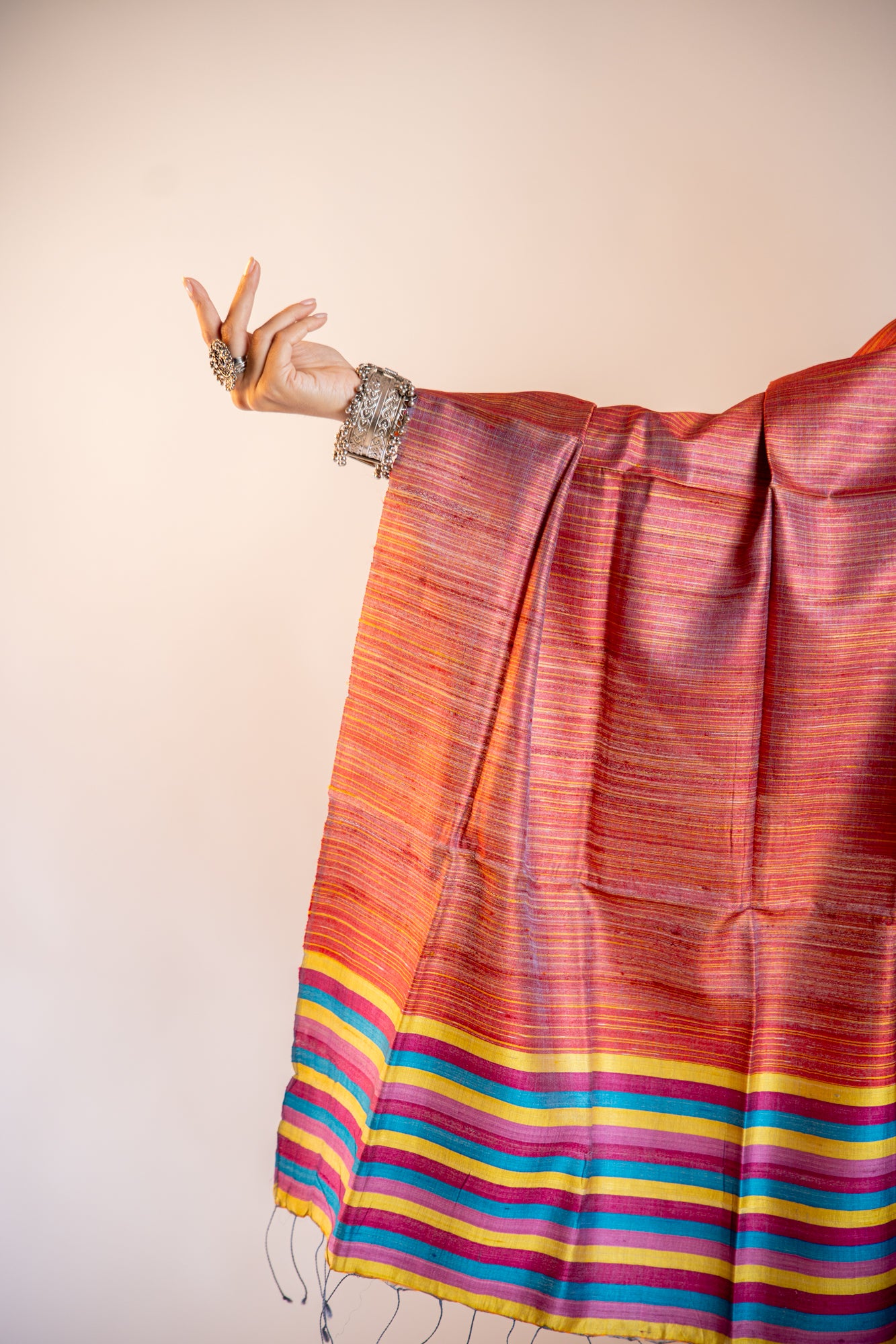 Deep Wine with multi-colored horizontal stripes Tussar Silk Dupatta