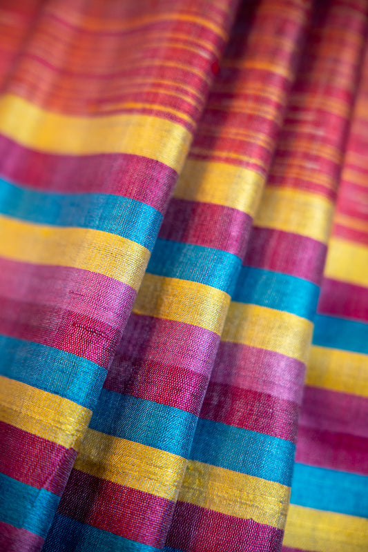 Deep Wine with multi-colored horizontal stripes Tussar Silk Dupatta