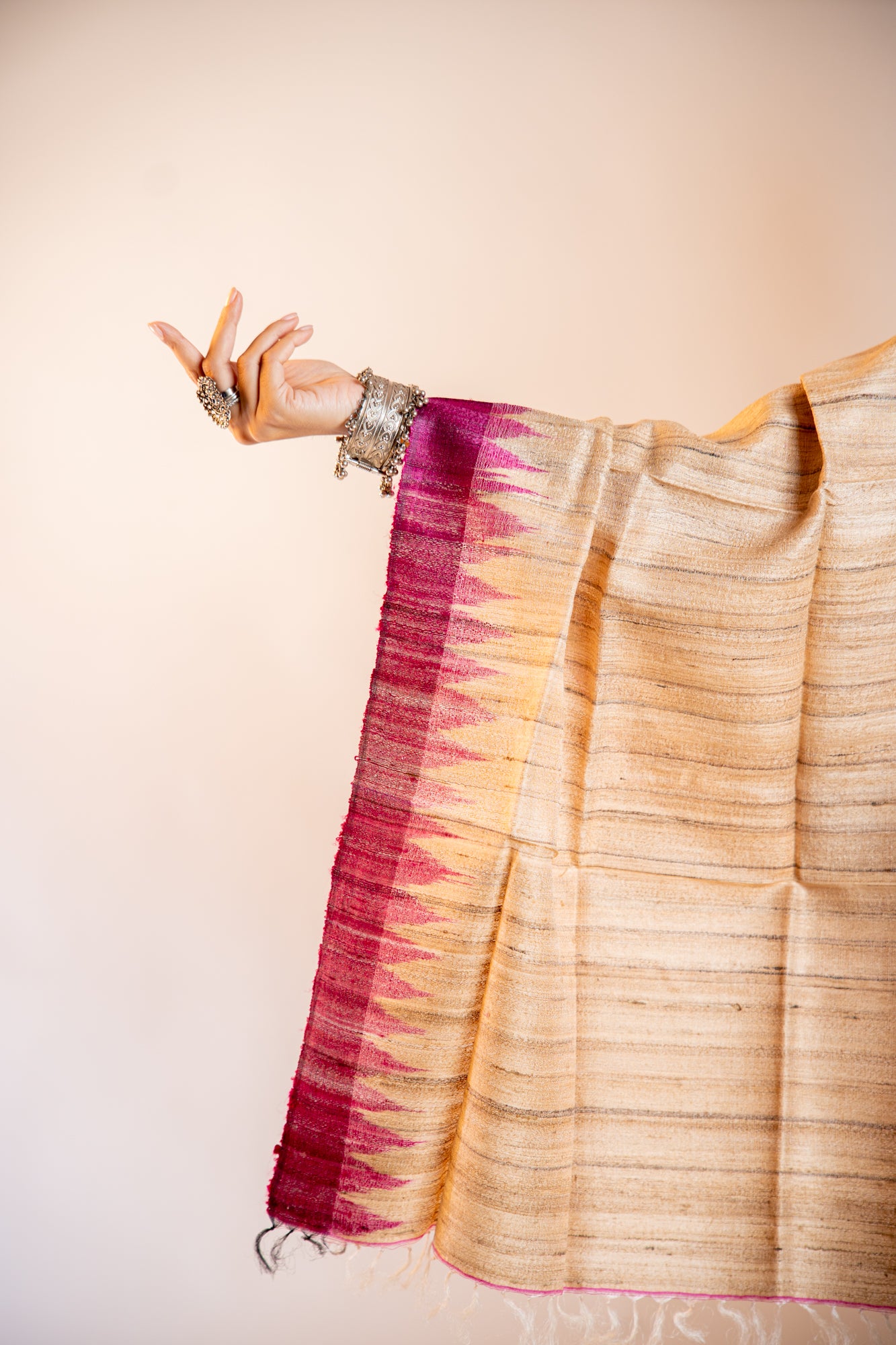 Rich Natural Tan-Beige with Deep Plum/Magenta Tussar Silk Dupatta