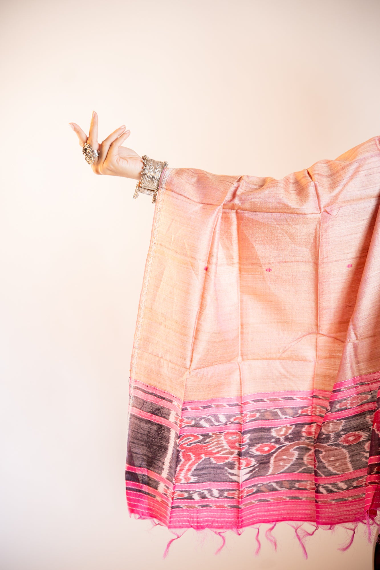 Charcoal Brown/Black Pink borders , Deep Pink and light Pink shades Tussar Silk Dupatta