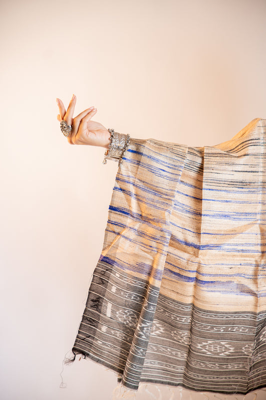 Beige with Charcoal Black/grey Tussar Silk Dupatta