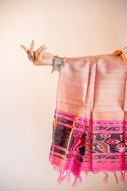 Muted Black/Charcoal ,Vivid Pink Tussar Silk Dupatta