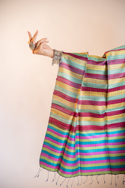 Electric Violet/Magenta, Teal Blue, and Lime/Moss Green, with a classic Earthy Gold border Tussar Silk Dupatta