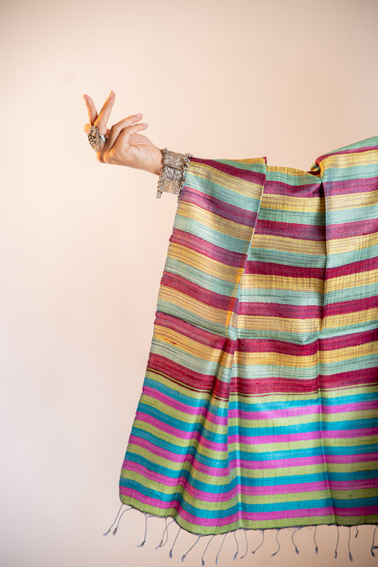 Electric Violet/Magenta, Teal Blue, and Lime/Moss Green, with a classic Earthy Gold border Tussar Silk Dupatta