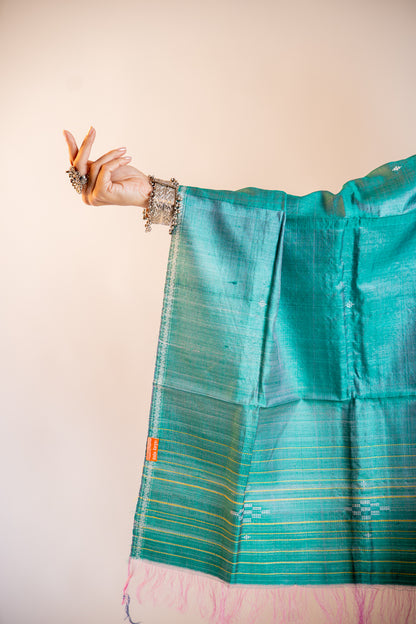 Deep Teal with delicate metallic-gold Tussar Silk Dupatta
