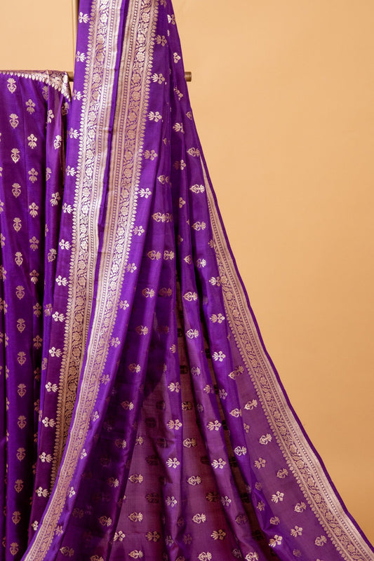 Purple Pure Katan Banarasi Saree with Traditional Border & Floral Motifs - Atulyakarigari