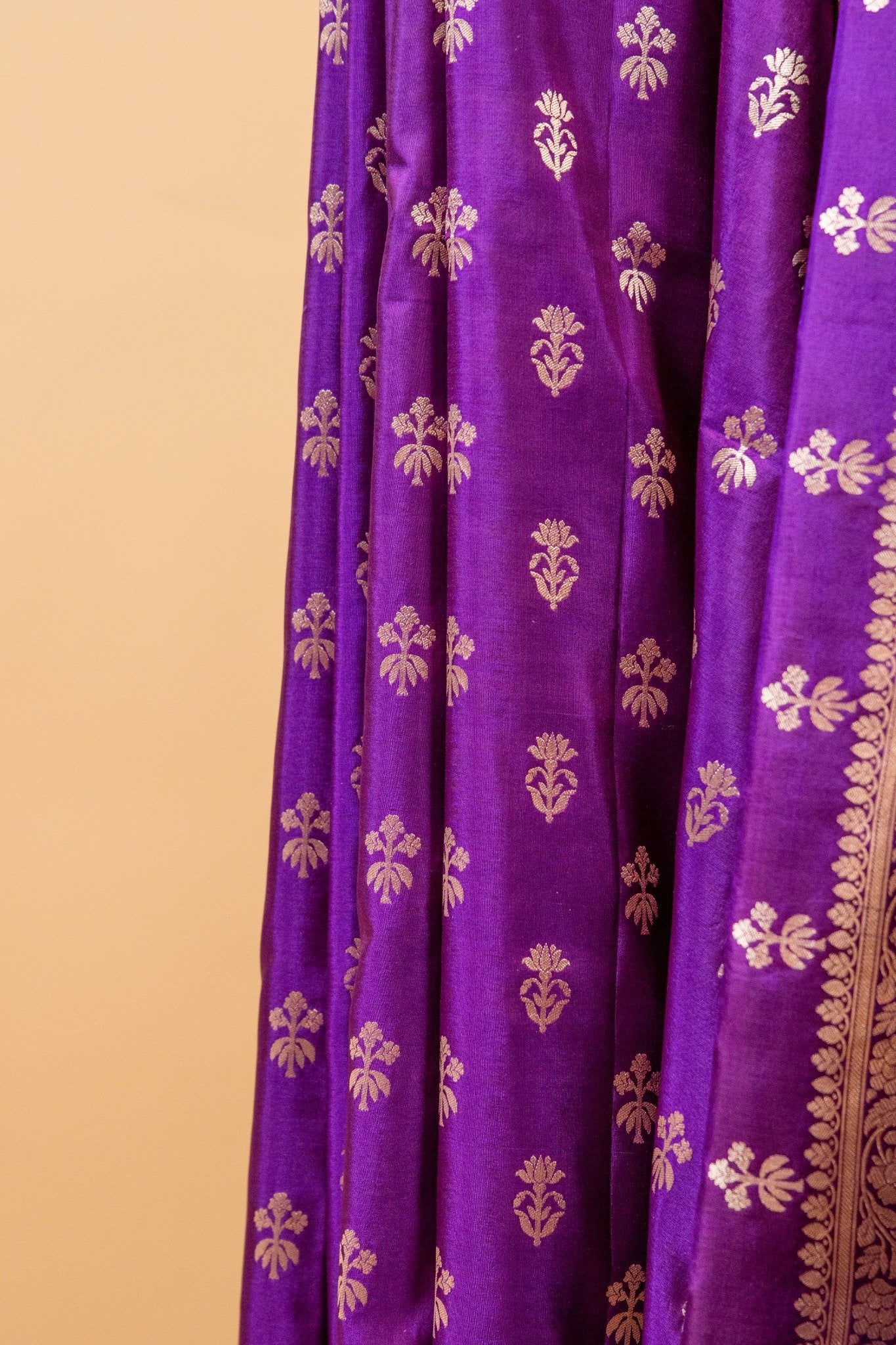 Purple Pure Katan Banarasi Saree with Traditional Border & Floral Motifs