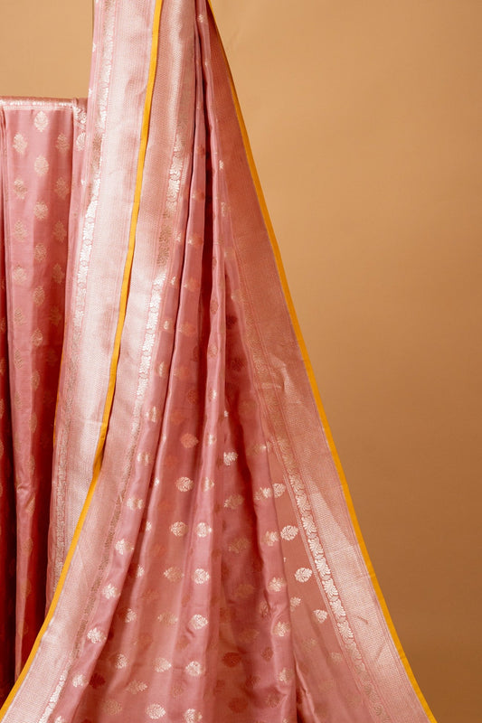 Peach Pure Katan Banarasi Saree with Traditional Motif - Atulyakarigari