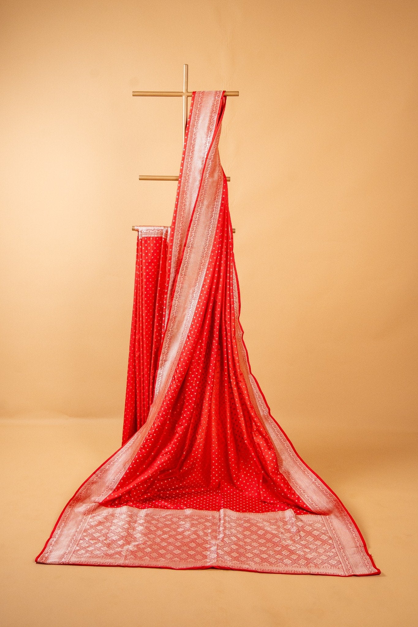 Red Banarasi Pure Katan Silk Saree with Bindi Motif and Light Border