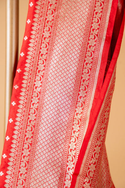 Red Banarasi Pure Katan Silk Saree with Bindi Motif and Light Border