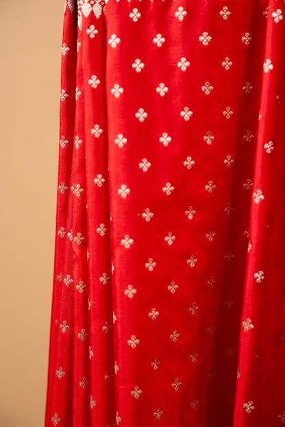 Red Banarasi Pure Katan Silk Saree with Bindi Motif and Light Border
