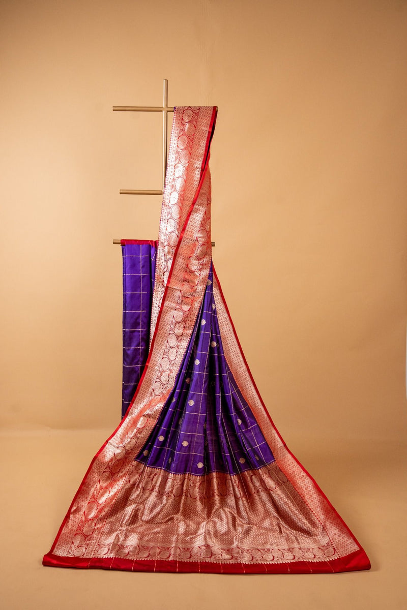 Dark Purple Banarasi Pure Katan Silk Saree with Chequered Zari Work - Atulyakarigari
