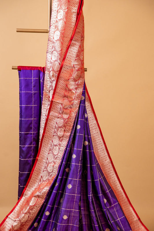Dark Purple Banarasi Pure Katan Silk Saree with Chequered Zari Work - Atulyakarigari