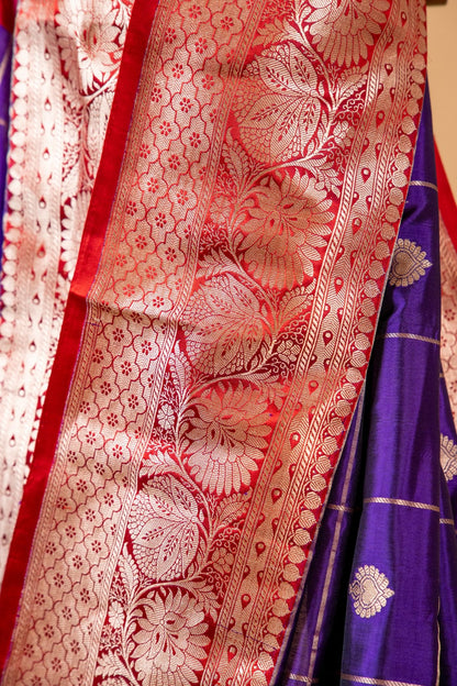 Dark Purple Banarasi Pure Katan Silk Saree with Chequered Zari Work