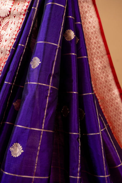 Dark Purple Banarasi Pure Katan Silk Saree with Chequered Zari Work