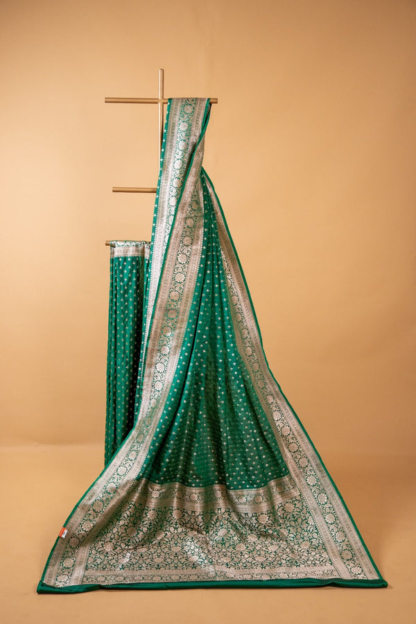 Bottle Green Banarasi Pure Katan Silk Saree with Butti Motifs and Zari Border
