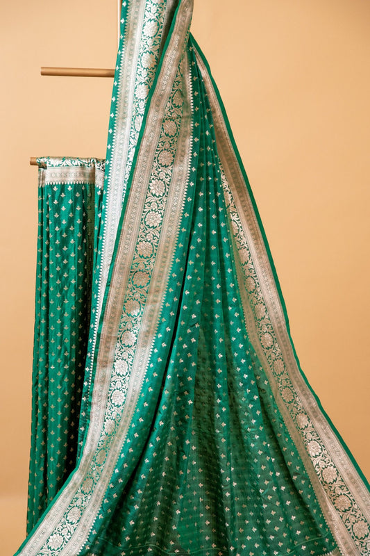 Bottle Green Banarasi Pure Katan Silk Saree with Butti Motifs and Zari Border - Atulyakarigari