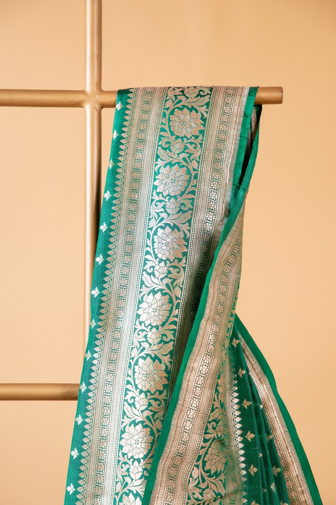 Bottle Green Banarasi Pure Katan Silk Saree with Butti Motifs and Zari Border