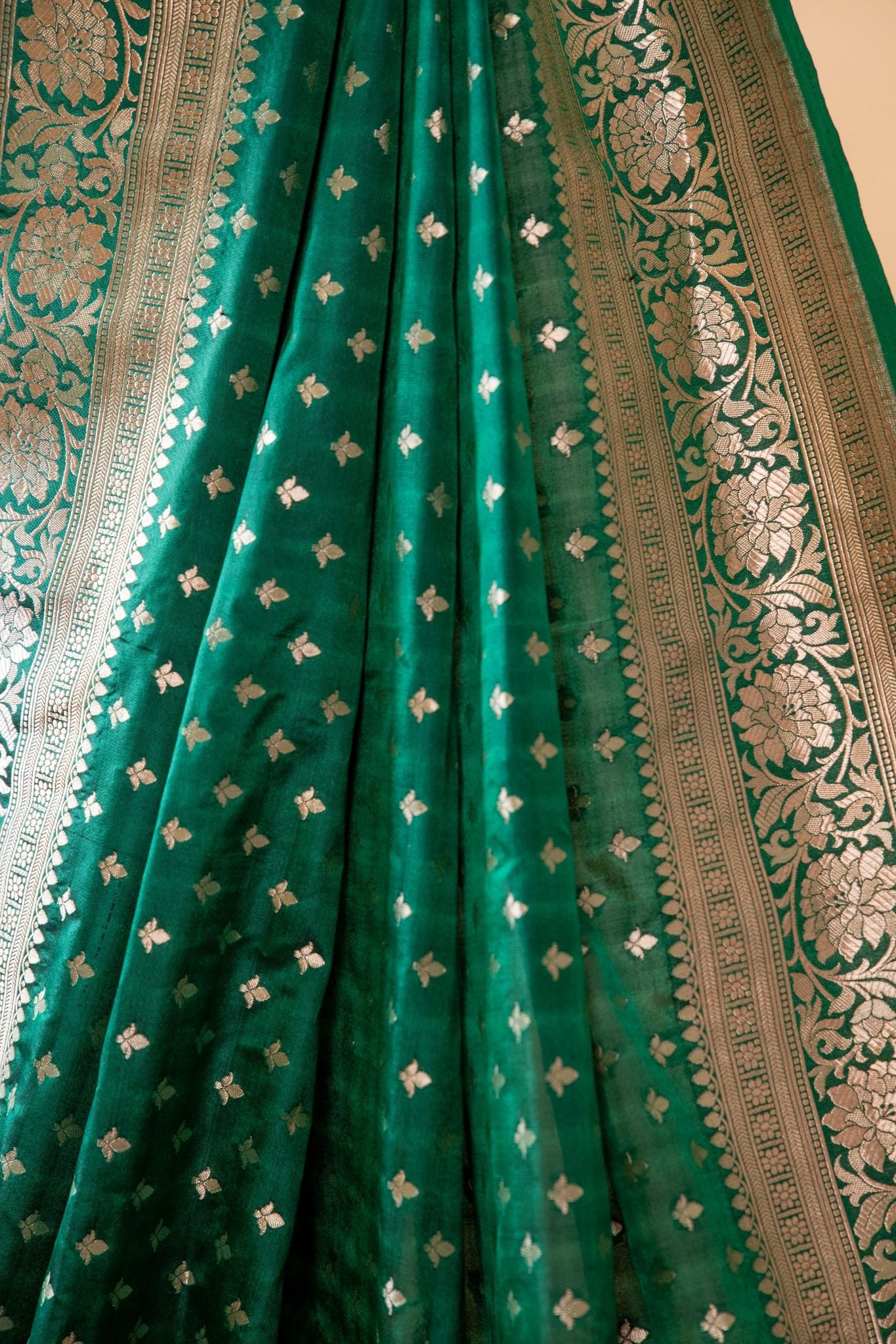 Bottle Green Banarasi Pure Katan Silk Saree with Butti Motifs and Zari Border