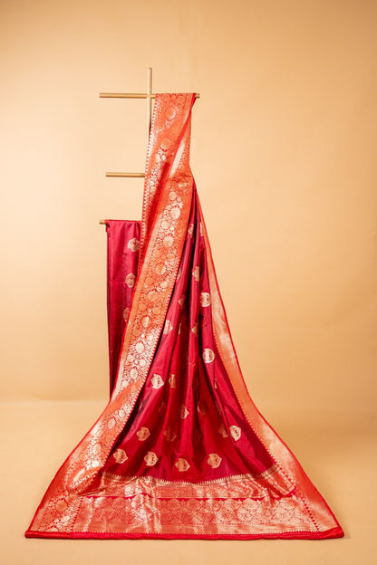 Red Banarasi Katan Silk Saree with Peacock Motif & Heavy Pallu - Atulyakarigari