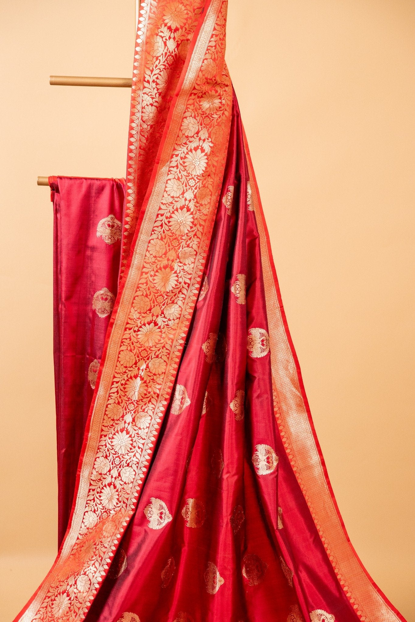 Red Banarasi Katan Silk Saree with Peacock Motif & Heavy Pallu - Atulyakarigari