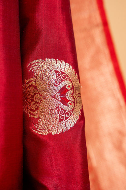 Red Banarasi Katan Silk Saree with Peacock Motif & Heavy Pallu - Atulyakarigari