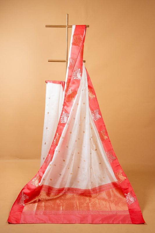 Red & White Banarasi Pure Katan Silk Saree with Bird Motifs and Open Border