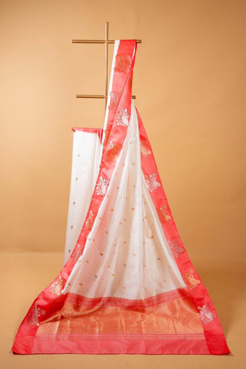 Red & White Banarasi Pure Katan Silk Saree with Bird Motifs and Open Border - Atulyakarigari