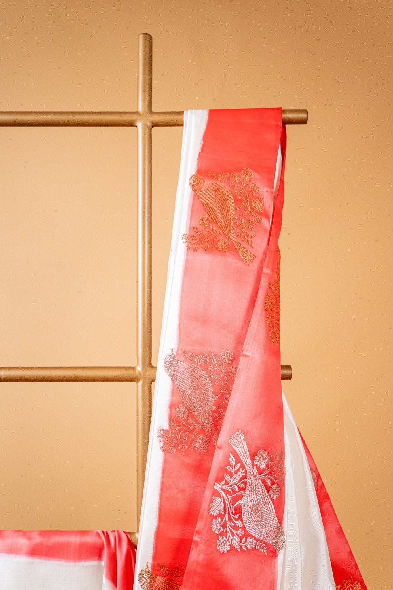 Red & White Banarasi Pure Katan Silk Saree with Bird Motifs and Open Border