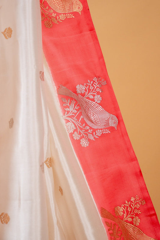 Red & White Banarasi Pure Katan Silk Saree with Bird Motifs and Open Border - Atulyakarigari