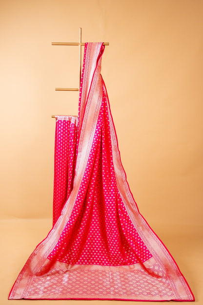 Magenta Pink Banarasi Pure Katan Silk Saree with Small Leaf Motifs