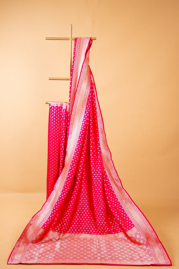 Magenta Pink Banarasi Pure Katan Silk Saree with Small Leaf Motifs
