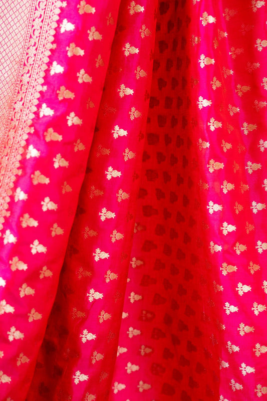 Magenta Pink Banarasi Pure Katan Silk Saree with Small Leaf Motifs - Atulyakarigari