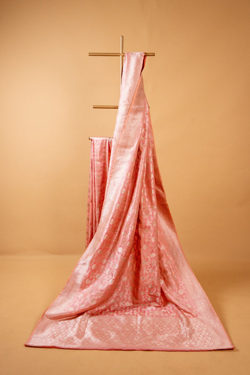 Pastel Pink Banarasi Pure Katan Silk Saree with Intricate Bel Motif - Atulyakarigari