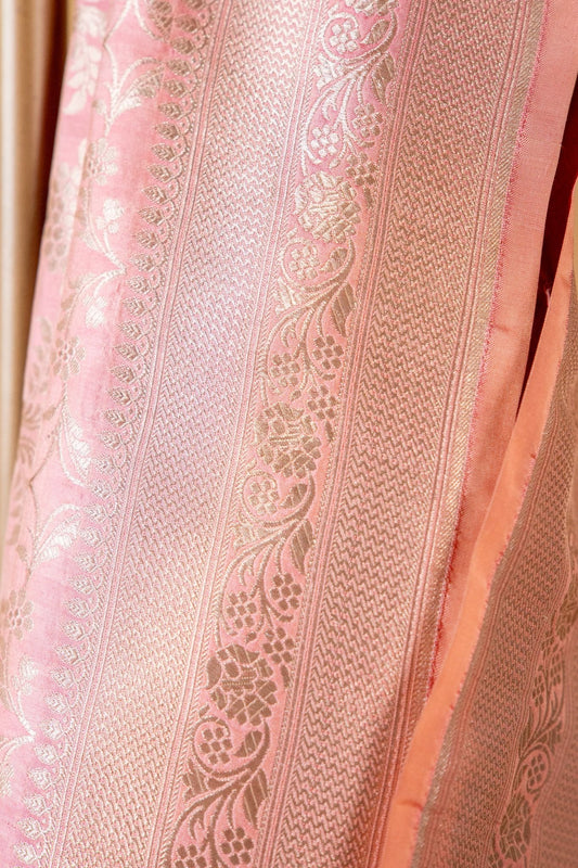 Pastel Pink Banarasi Pure Katan Silk Saree with Intricate Bel Motif - Atulyakarigari