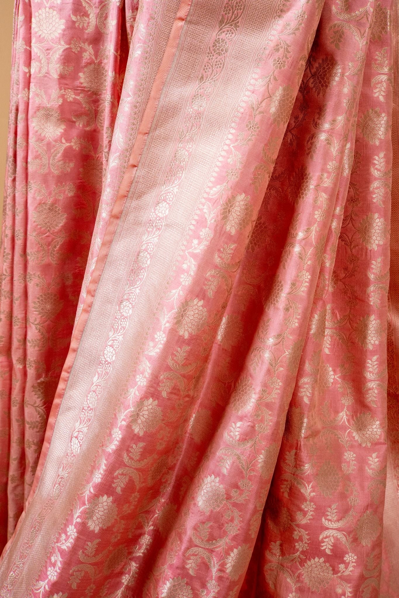 Pastel Pink Banarasi Pure Katan Silk Saree with Intricate Bel Motif