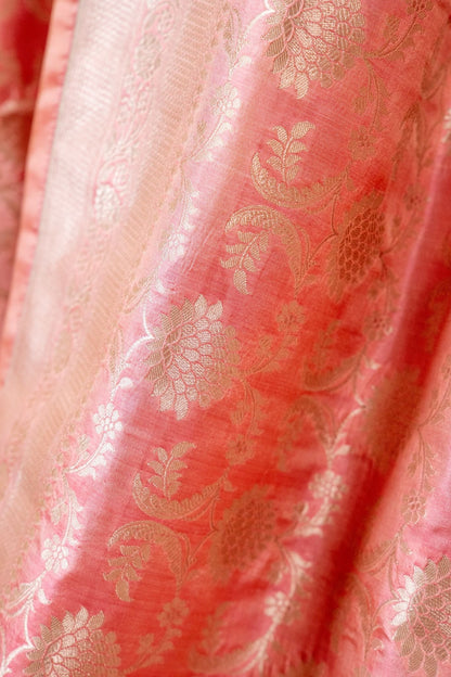 Pastel Pink Banarasi Pure Katan Silk Saree with Intricate Bel Motif