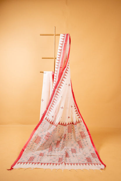 Pure Kantha Cotton Saree with Hand Embroidery and Red Border