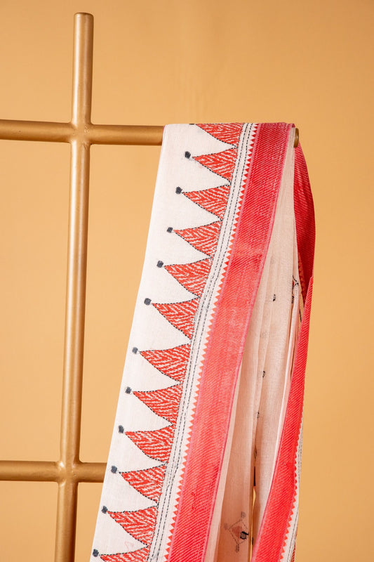 Pure Kantha Cotton Saree with Hand Embroidery and Red Border - Atulyakarigari