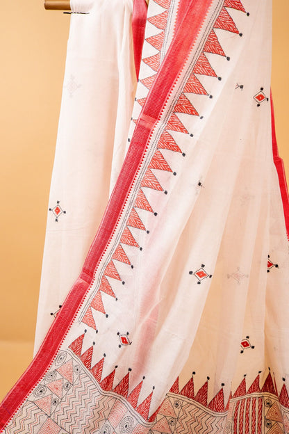 Pure Kantha Cotton Saree with Hand Embroidery and Red Border