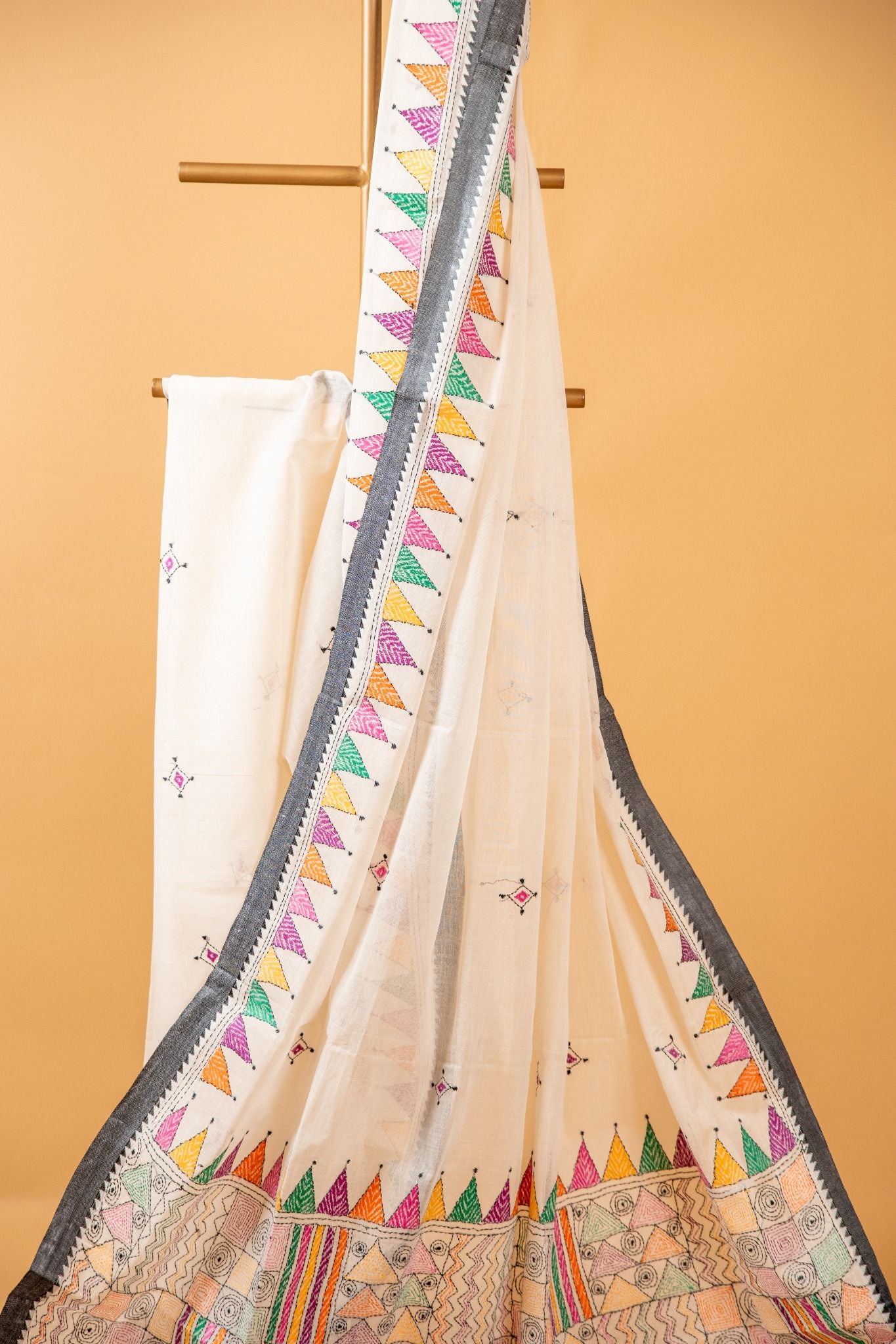 Multicoloured Pure Kantha Cotton Saree - Atulyakarigari