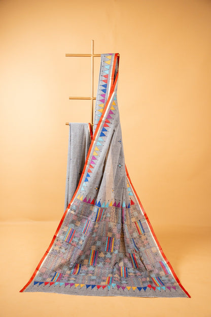 Pure Kantha Cotton Saree with Multicoloured Hand Embroidery