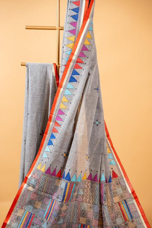 Pure Kantha Cotton Saree with Multicoloured Hand Embroidery - Atulyakarigari
