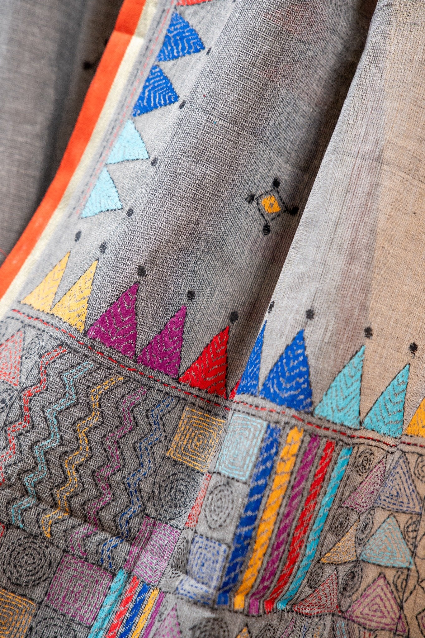 Pure Kantha Cotton Saree with Multicoloured Hand Embroidery